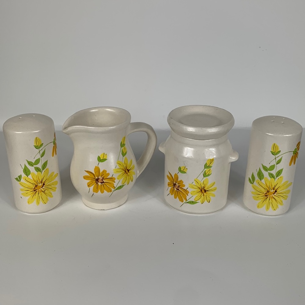 Vintage Hyalyn Pottery 4pc set yellow floral creamer, sugar, salt & pepper. USA